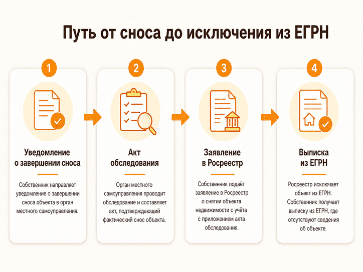 Инфографика с этапами оформления сноса дома: уведомление о завершении сноса, акт обследования, заявление в Росреестр и выписка из ЕГРН